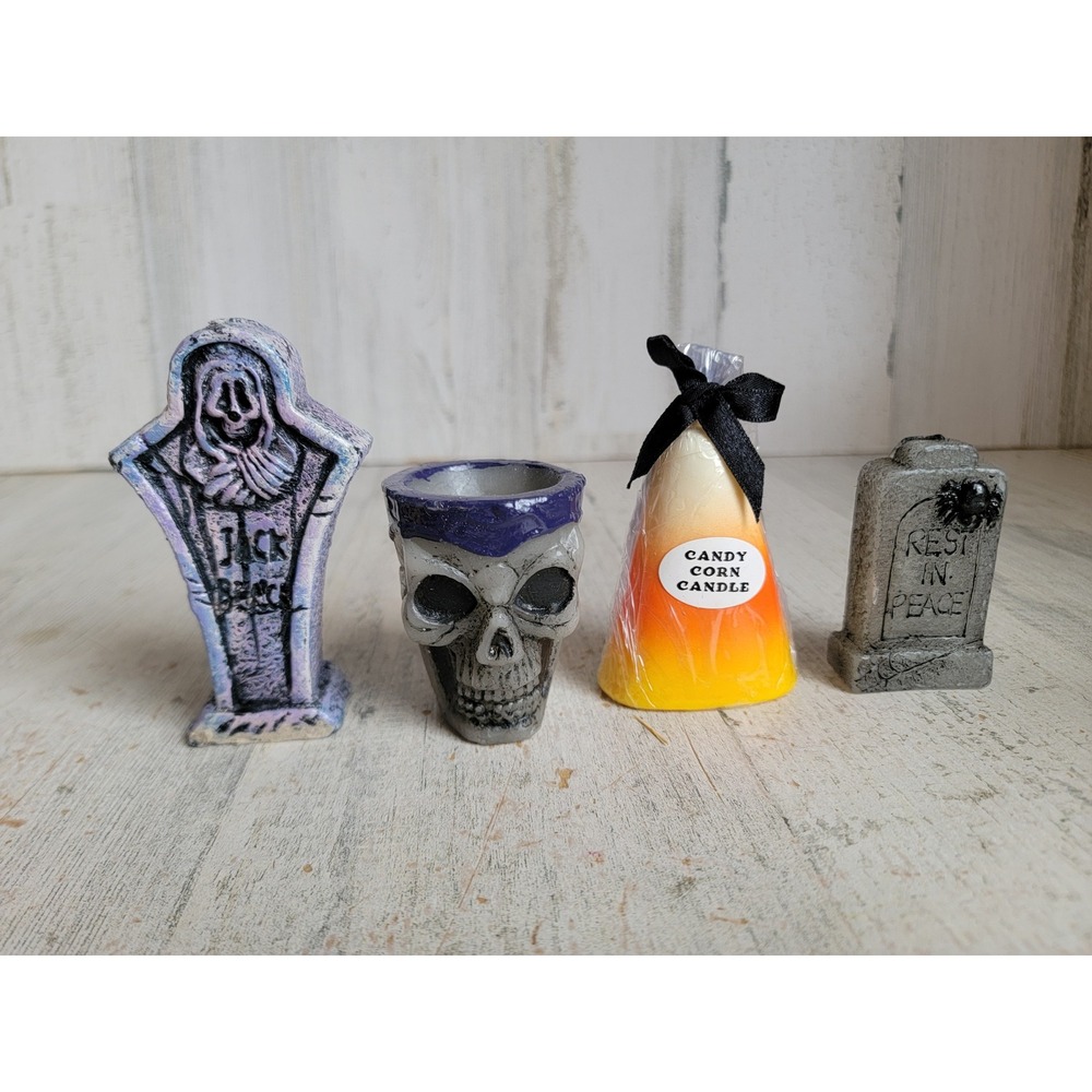 Miniature Halloween tombstone candy‎ corn candle set vintage style skull